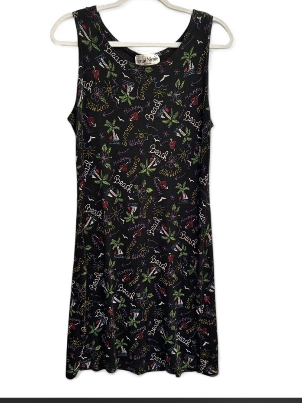 Y2K 90’s Ronni Nicole petites graphic black beach themed summer mini/midi dress